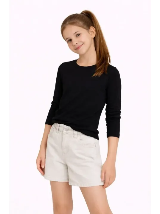Kız Çocuk Basic Uzun Kollu Tişört Okul Günlük Rahat T-shirt - Siyah