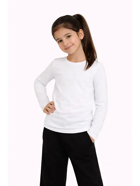 Kız Çocuk Basic Uzun Kollu Tişört Okul Günlük Rahat T-shirt - Beyaz