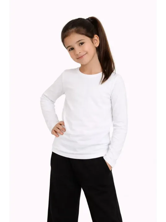 Kız Çocuk Basic Uzun Kollu Tişört Okul Günlük Rahat T-shirt - Beyaz