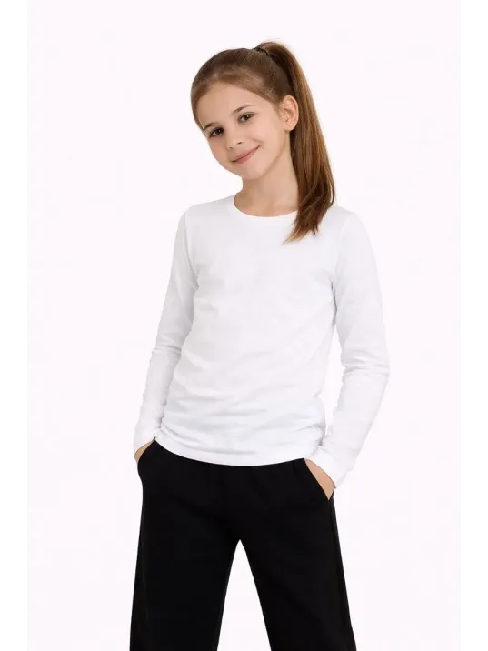 Kız Çocuk Basic Uzun Kollu Tişört Okul Günlük Rahat T-shirt - Beyaz