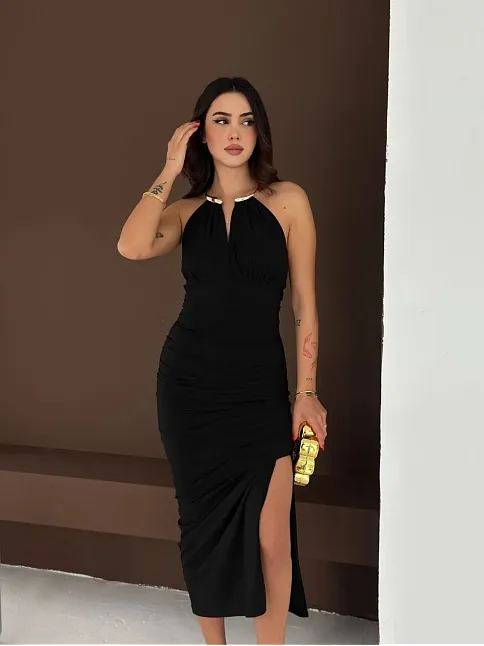 Kadın Uzun Abiye Elbise Yırtmaçlı Sırt Dekolteli Şık Gece Elbisesi - Siyah