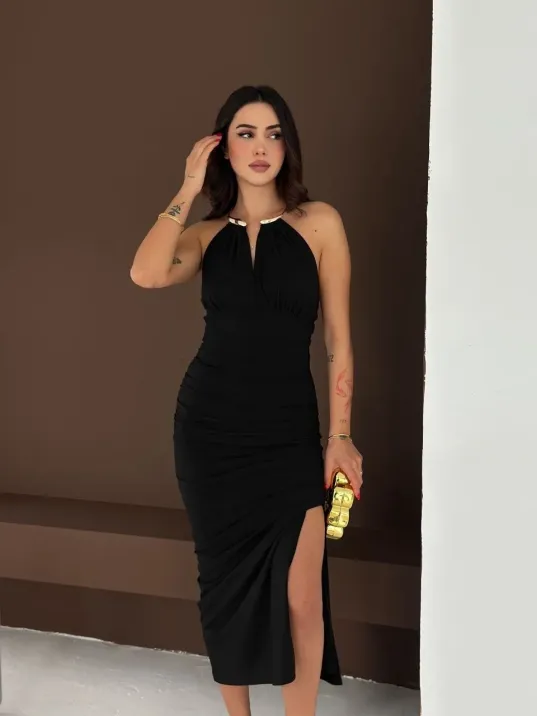 Kadın Uzun Abiye Elbise Yırtmaçlı Sırt Dekolteli Şık Gece Elbisesi - Siyah Kadın Uzun Abiye Elbise Yırtmaçlı Sırt Dekolteli Şık Gece Elbisesi - Siyah