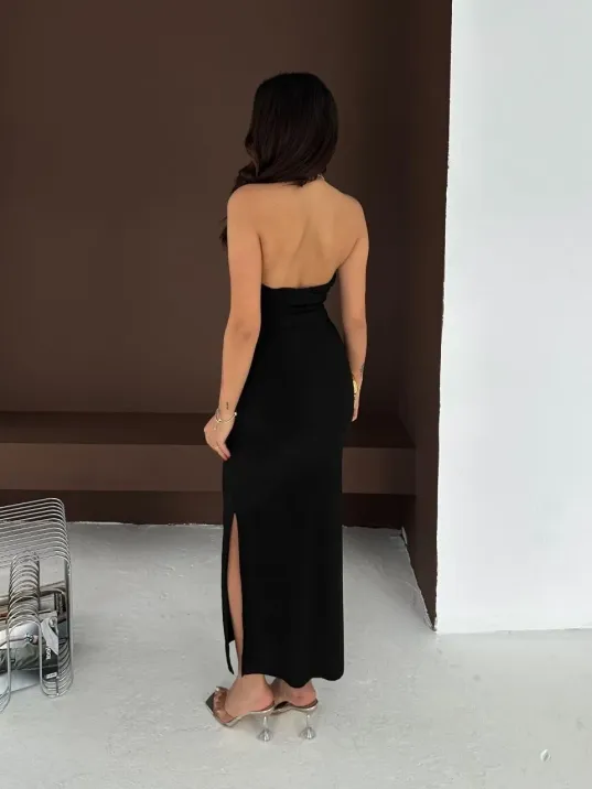 Kadın Uzun Abiye Elbise Yırtmaçlı Sırt Dekolteli Şık Gece Elbisesi - Siyah Kadın Uzun Abiye Elbise Yırtmaçlı Sırt Dekolteli Şık Gece Elbisesi - Siyah