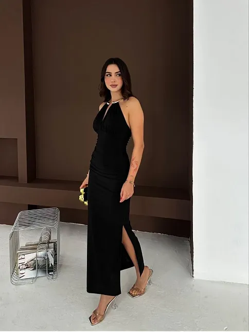 Kadın Uzun Abiye Elbise Yırtmaçlı Sırt Dekolteli Şık Gece Elbisesi - Siyah