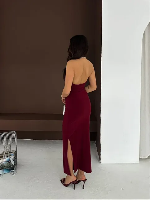 Kadın Uzun Abiye Elbise Yırtmaçlı Sırt Dekolteli Şık Gece Elbisesi - Bordo