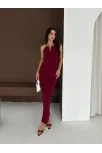 Kadın Uzun Abiye Elbise Yırtmaçlı Sırt Dekolteli Şık Gece Elbisesi - Bordo