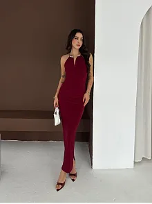 Kadın Uzun Abiye Elbise Yırtmaçlı Sırt Dekolteli Şık Gece Elbisesi - Bordo