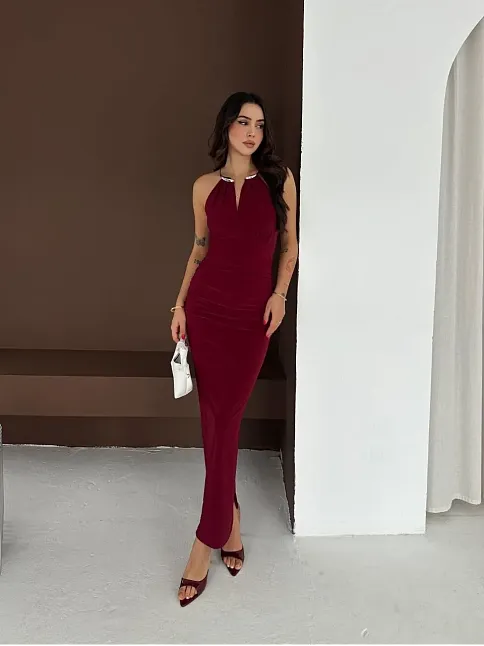 Kadın Uzun Abiye Elbise Yırtmaçlı Sırt Dekolteli Şık Gece Elbisesi - Bordo
