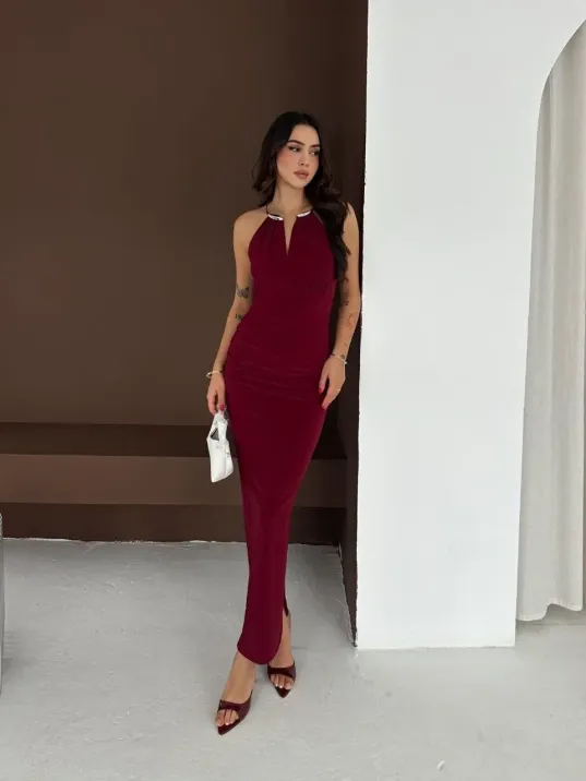 Kadın Uzun Abiye Elbise Yırtmaçlı Sırt Dekolteli Şık Gece Elbisesi - Bordo