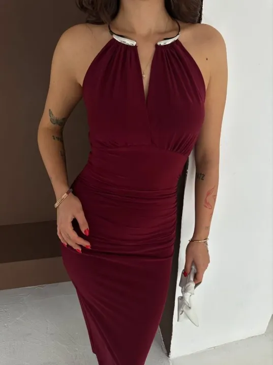 Kadın Uzun Abiye Elbise Yırtmaçlı Sırt Dekolteli Şık Gece Elbisesi - Bordo