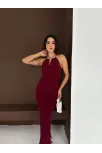 Kadın Uzun Abiye Elbise Yırtmaçlı Sırt Dekolteli Şık Gece Elbisesi - Bordo