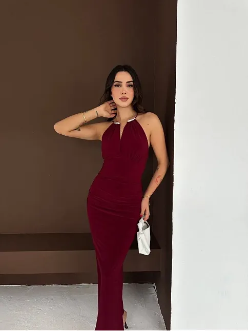 Kadın Uzun Abiye Elbise Yırtmaçlı Sırt Dekolteli Şık Gece Elbisesi - Bordo