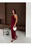 Kadın Uzun Abiye Elbise Yırtmaçlı Sırt Dekolteli Şık Gece Elbisesi - Bordo