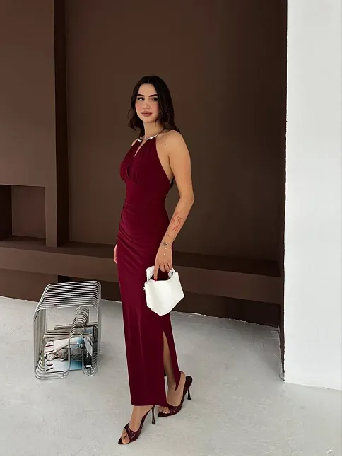 Kadın Uzun Abiye Elbise Yırtmaçlı Sırt Dekolteli Şık Gece Elbisesi - Bordo
