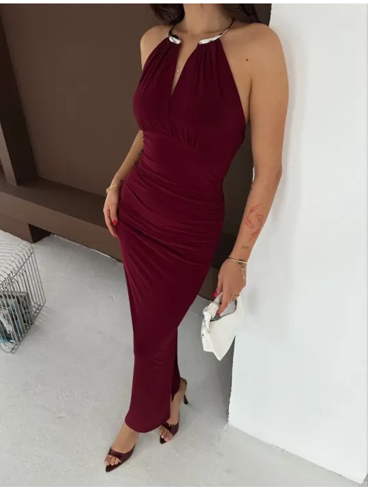 Kadın Uzun Abiye Elbise Yırtmaçlı Sırt Dekolteli Şık Gece Elbisesi - Bordo