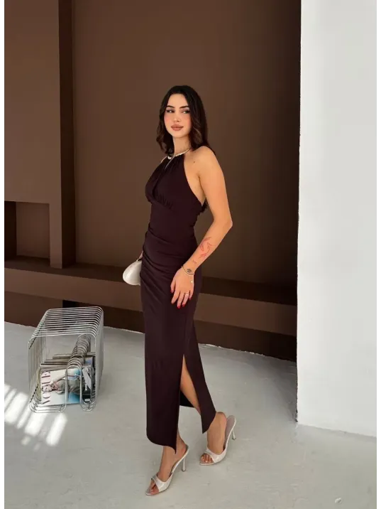 Kadın Uzun Abiye Elbise Yırtmaçlı Sırt Dekolteli Şık Gece Elbisesi - Kahverengi