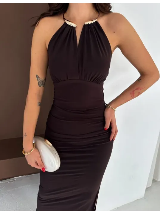 Kadın Uzun Abiye Elbise Yırtmaçlı Sırt Dekolteli Şık Gece Elbisesi - Kahverengi