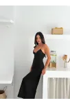 Kadın Askılı Uzun Elbise V Yaka Şık Gece Elbisesi Vücuda Oturan - Siyah