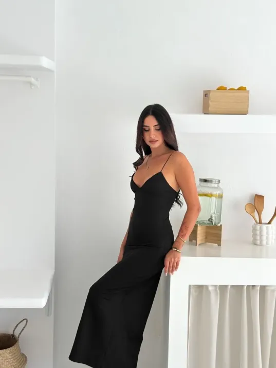 Kadın Askılı Uzun Elbise V Yaka Şık Gece Elbisesi Vücuda Oturan - Siyah