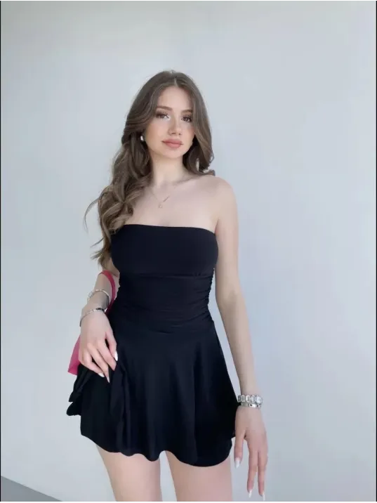 Kadın Straplez Mini Etek Görünümlü Şortlu Elbise Büzgülü Şık Yazlık - Siyah