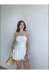 Kadın Straplez Mini Etek Görünümlü Şortlu Elbise Büzgülü Şık Yazlık - Beyaz Kadın Straplez Mini Etek Görünümlü Şortlu Elbise Büzgülü Şık Yazlık - Beyaz