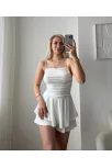 Kadın Straplez Mini Etek Görünümlü Şortlu Elbise Büzgülü Şık Yazlık - Beyaz Kadın Straplez Mini Etek Görünümlü Şortlu Elbise Büzgülü Şık Yazlık - Beyaz
