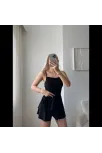 Kadın Straplez Mini Etek Görünümlü Şortlu Elbise Büzgülü Şık Yazlık - Siyah Kadın Straplez Mini Etek Görünümlü Şortlu Elbise Büzgülü Şık Yazlık - Siyah
