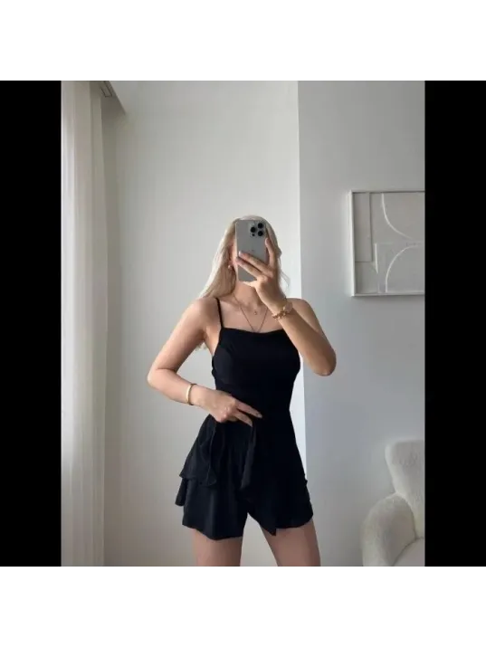 Kadın Straplez Mini Etek Görünümlü Şortlu Elbise Büzgülü Şık Yazlık - Siyah Kadın Straplez Mini Etek Görünümlü Şortlu Elbise Büzgülü Şık Yazlık - Siyah