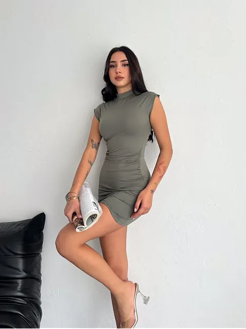 Kadın Mini Elbise Yarım Balıkçı Yaka Vücuda Oturan Şık Günlük Elbise - Mint Yeşili