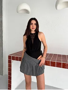 Kadın Dantel Detaylı Derin Dekolte Body Şık Kolsuz Yazlık Bodysuit - Siyah