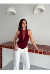 Kadın Dantel Detaylı Derin Dekolte Body Şık Kolsuz Yazlık Bodysuit - Bordo