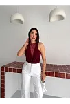 Kadın Dantel Detaylı Derin Dekolte Body Şık Kolsuz Yazlık Bodysuit - Bordo