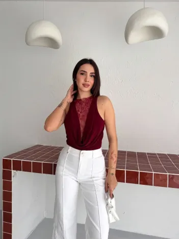 Kadın Dantel Detaylı Derin Dekolte Body Şık Kolsuz Yazlık Bodysuit - Bordo