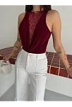 Kadın Dantel Detaylı Derin Dekolte Body Şık Kolsuz Yazlık Bodysuit - Bordo