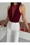 Kadın Dantel Detaylı Derin Dekolte Body Şık Kolsuz Yazlık Bodysuit - Bordo Kadın Dantel Detaylı Derin Dekolte Body Şık Kolsuz Yazlık Bodysuit - Bordo