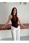 Kadın Dantel Detaylı Derin Dekolte Body Şık Kolsuz Yazlık Bodysuit - Kahvrenegi