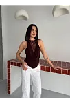 Kadın Dantel Detaylı Derin Dekolte Body Şık Kolsuz Yazlık Bodysuit - Kahvrenegi