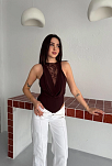 Kadın Dantel Detaylı Derin Dekolte Body Şık Kolsuz Yazlık Bodysuit - Kahvrenegi