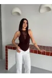 Kadın Dantel Detaylı Derin Dekolte Body Şık Kolsuz Yazlık Bodysuit - Kahvrenegi