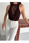 Kadın Dantel Detaylı Derin Dekolte Body Şık Kolsuz Yazlık Bodysuit - Kahvrenegi