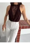 Kadın Dantel Detaylı Derin Dekolte Body Şık Kolsuz Yazlık Bodysuit - Kahvrenegi