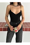 Kadın Derin Dekolte Askılı Body Sırt Dekolteli Şık Kolsuz Yazlık Bodysuit - Siyah