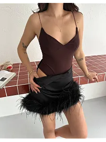 Kadın Derin Dekolte Askılı Body Sırt Dekolteli Şık Kolsuz Yazlık Bodysuit - Kahverengi