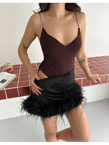 Kadın Derin Dekolte Askılı Body Sırt Dekolteli Şık Kolsuz Yazlık Bodysuit - Kahverengi