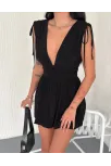 Kadın Derin V Yaka Etek Görünümlü Şortlu Elbise Drapeli Mini Yazlık - Siyah Kadın Derin V Yaka Etek Görünümlü Şortlu Elbise Drapeli Mini Yazlık - Siyah