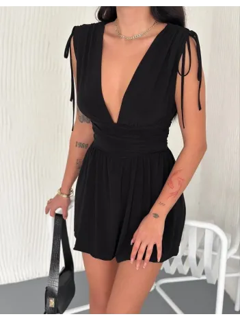 Kadın Derin V Yaka Etek Görünümlü Şortlu Elbise Drapeli Mini Yazlık - Siyah