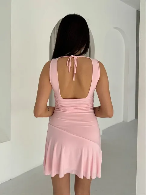 Kadın Derin V Yaka Sırt Dekolteli Mini Elbise Drapeli Şık Kolsuz - Pembe