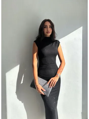 Kadın Likralı Simli Kumaş Yandan Yırtmaçlı Uzun Elbise Şık Kolsuz Abiye - Siyah