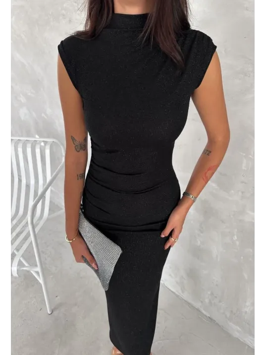 Kadın Likralı Simli Kumaş Yandan Yırtmaçlı Uzun Elbise Şık Kolsuz Abiye - Siyah