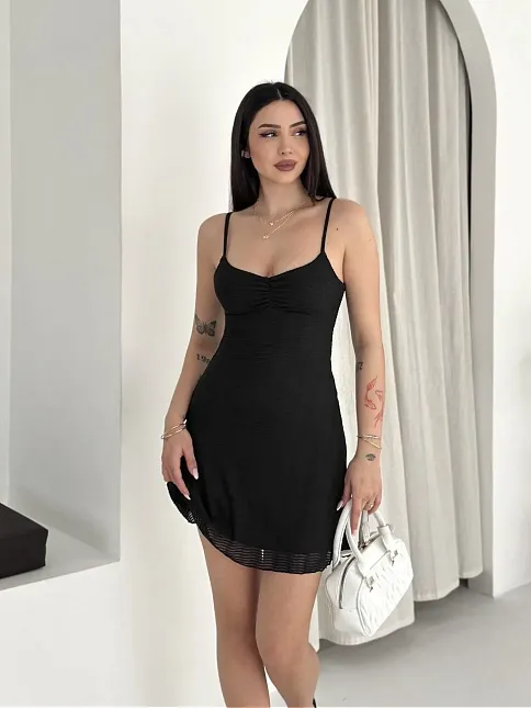 Kadın Askılı Mini Elbise Drapeli Göğüs Detay Likralı Yazlık Fit - Siyah